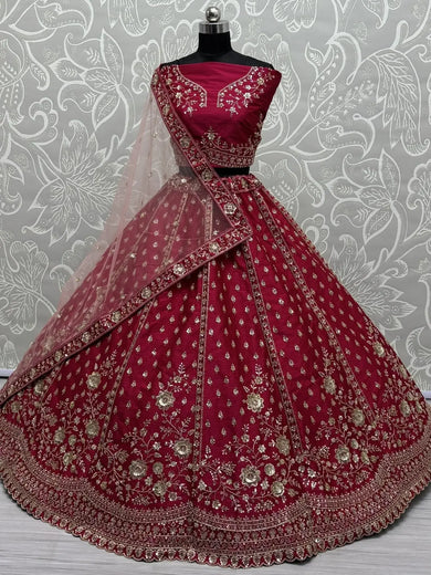 Lovely Pink Embroidered Net Bridal Lehenga Choli With Double Dupatta - Ethnic Plus In